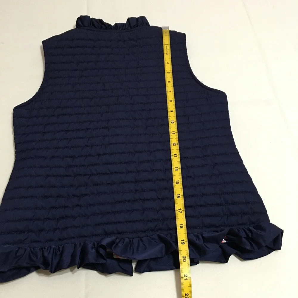 Lilly Pulitzer Quilted Vest Girls XL Navy Blue Ruffle Trim Full Zip Floral Lined